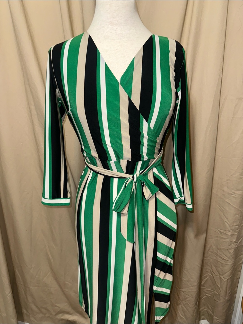 INC Striped Wrap Dress Green Black Belted 3/4 Sleeve Petite Small